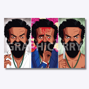 Abrar caricature featuring Bobby Deol’s intense portrayal from the movie Animal, depicted in a dramatic and powerful digital illustration that captures his enigmatic screen presence.
