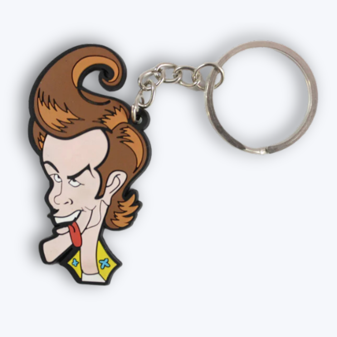 Ace Ventura keychain featuring a wacky caricature of Jim Carrey’s iconic Pet Detective, designed in a playful and exaggerated style.