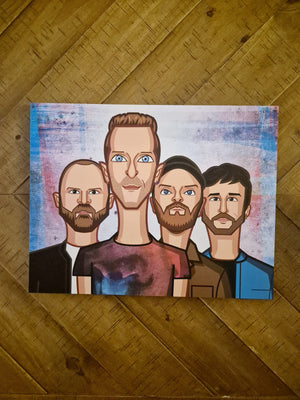 Coldplay digital caricature featuring Chris Martin, Jonny Buckland, Guy Berryman, and Will Champion in a vibrant, artistic illustration