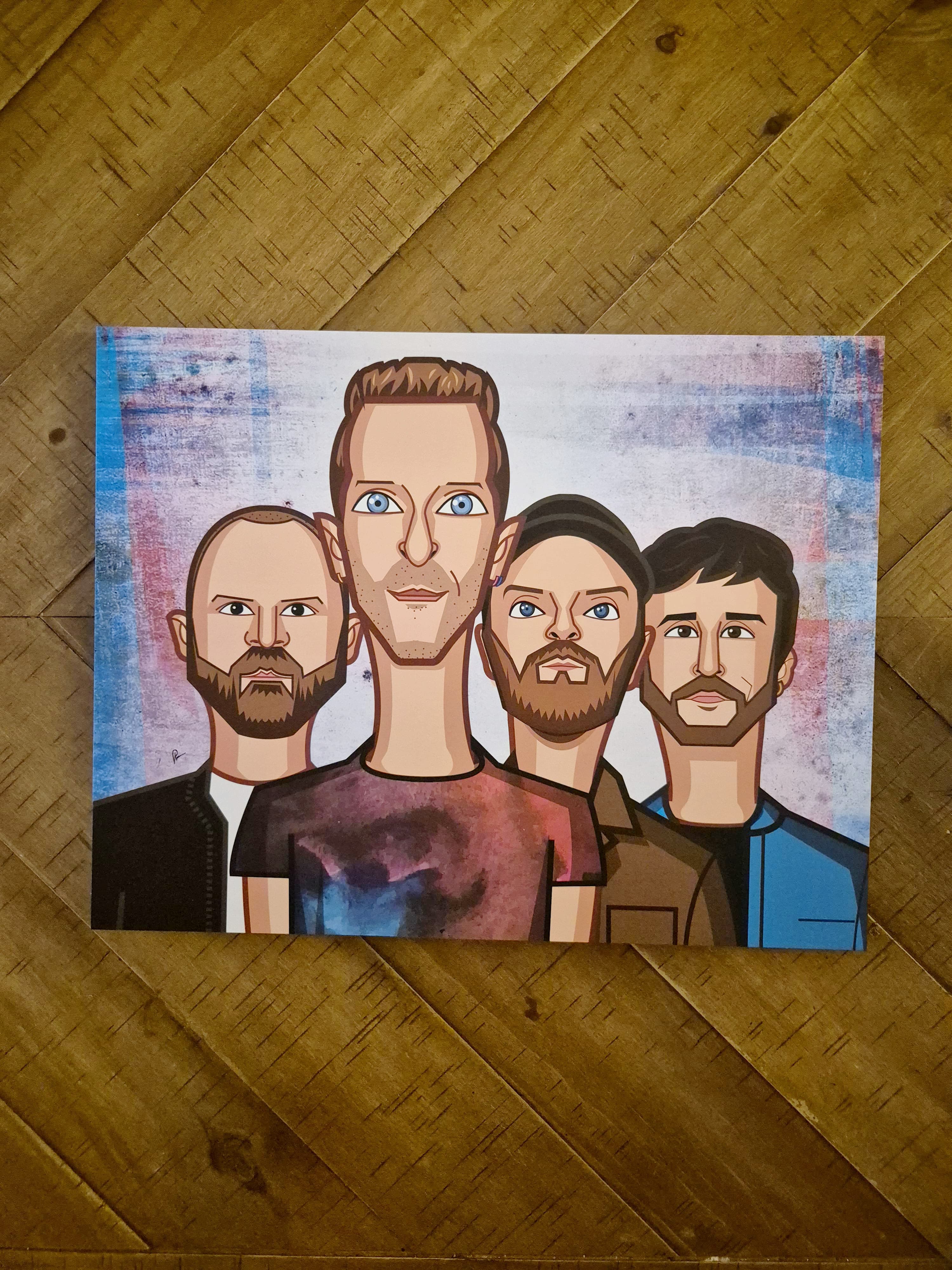 Coldplay digital caricature featuring Chris Martin, Jonny Buckland, Guy Berryman, and Will Champion in a vibrant, artistic illustration