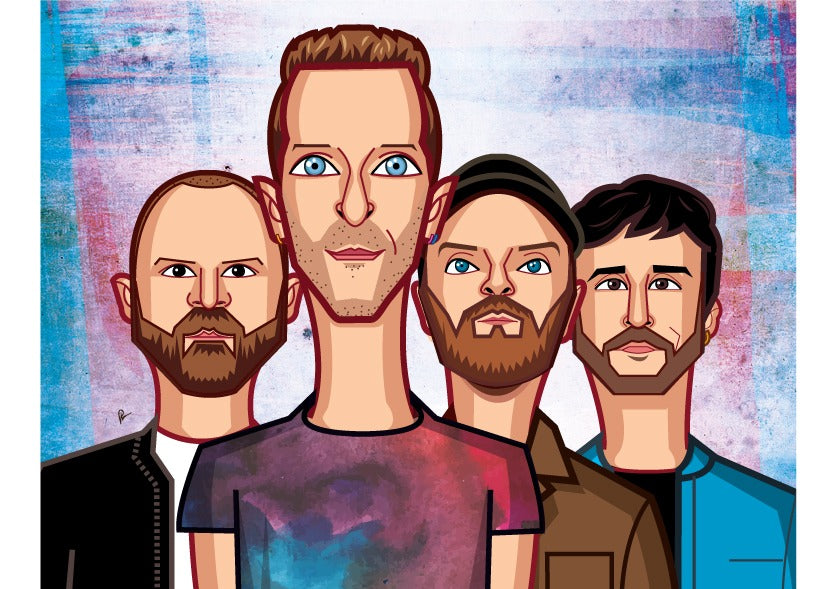 Coldplay caricature featuring Chris Martin, Jonny Buckland, Guy Berryman, and Will Champion in a vibrant digital illustration.