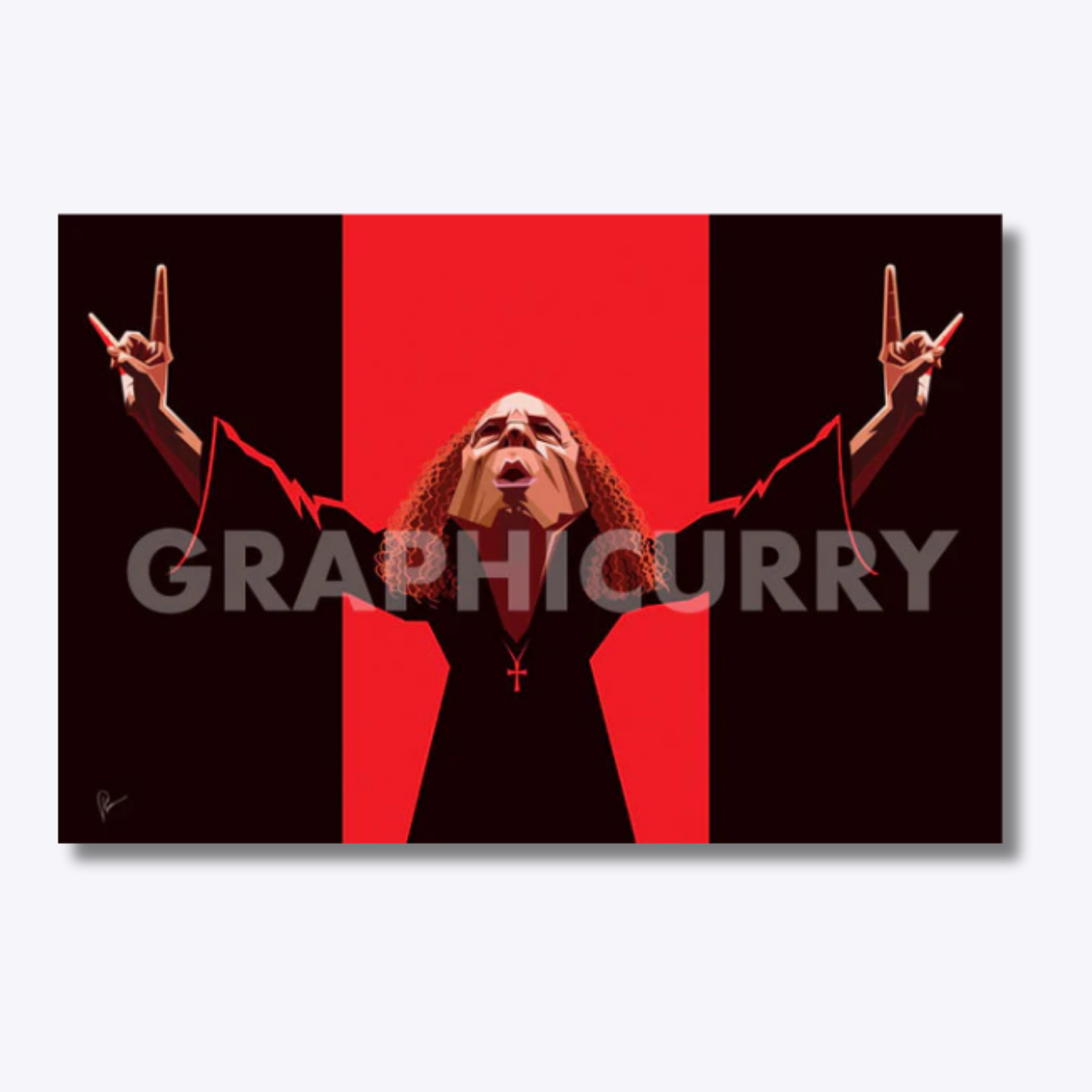 Ronnie James Dio caricature in a high-energy digital illustration, celebrating the heavy metal icon’s powerful vocals and legendary presence.