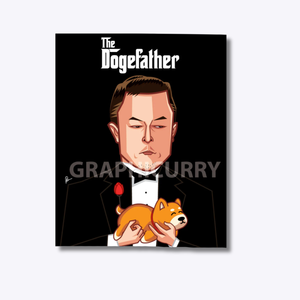 Elon Musk caricature as 'The Dogefather,' featuring the billionaire entrepreneur in a playful and quirky digital illustration inspired by his love for Dogecoin and memes