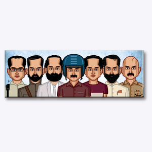 Artwork featuring Fahadh Faasil in some of his most iconic roles — from the calculating Shammi in Kumbalangi Nights, the unsettling Sunil in Joji, to Mahesh in Maheshinte Prathikaaram — capturing his nuanced performances and unmatched depth in Malayalam cinema
