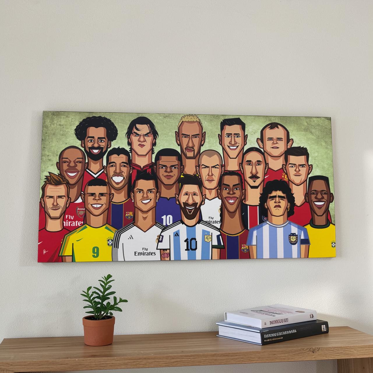 Football legends collage wall art in caricature style with iconic soccer players