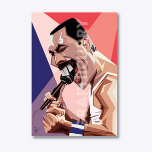 Freddie Mercury artwork featuring a dynamic digital illustration of the Queen frontman, capturing his electrifying stage presence, iconic style, and timeless musical legacy.