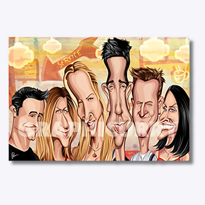 Friends TV show caricature featuring Ross, Rachel, Monica, Chandler, Joey, and Phoebe in a nostalgic digital illustration.