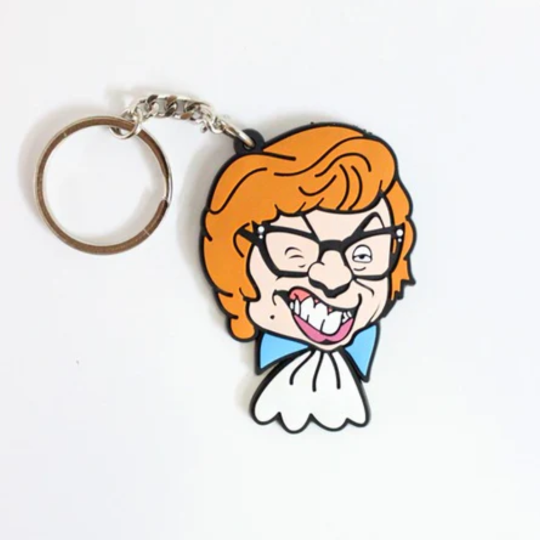 Groovy Baby keychain featuring a fun and retro caricature inspired by Austin Powers, capturing the 60s psychedelic vibe in a playful design.