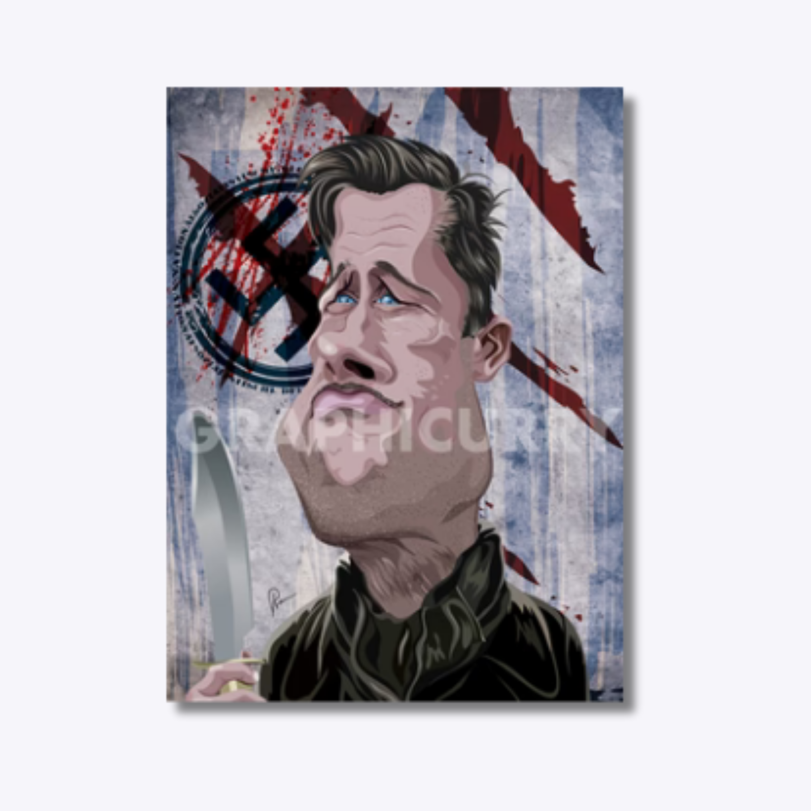 Inglourious Basterds caricature featuring Aldo Raine and Hans Landa in a fun and exaggerated digital illustration, paying tribute to Quentin Tarantino’s cult classic war film.