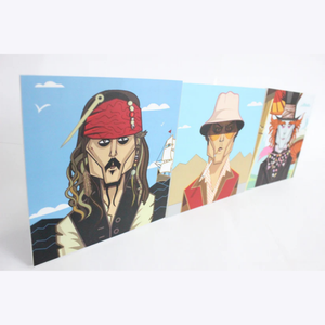 Johnny Depp wall art featuring a dynamic digital illustration of his iconic roles—Jack Sparrow from Pirates of the Caribbean, Willy Wonka from Charlie and the Chocolate Factory, and Raoul Duke from Fear and Loathing in Las Vegas—showcasing his legendary versatility in cinema.