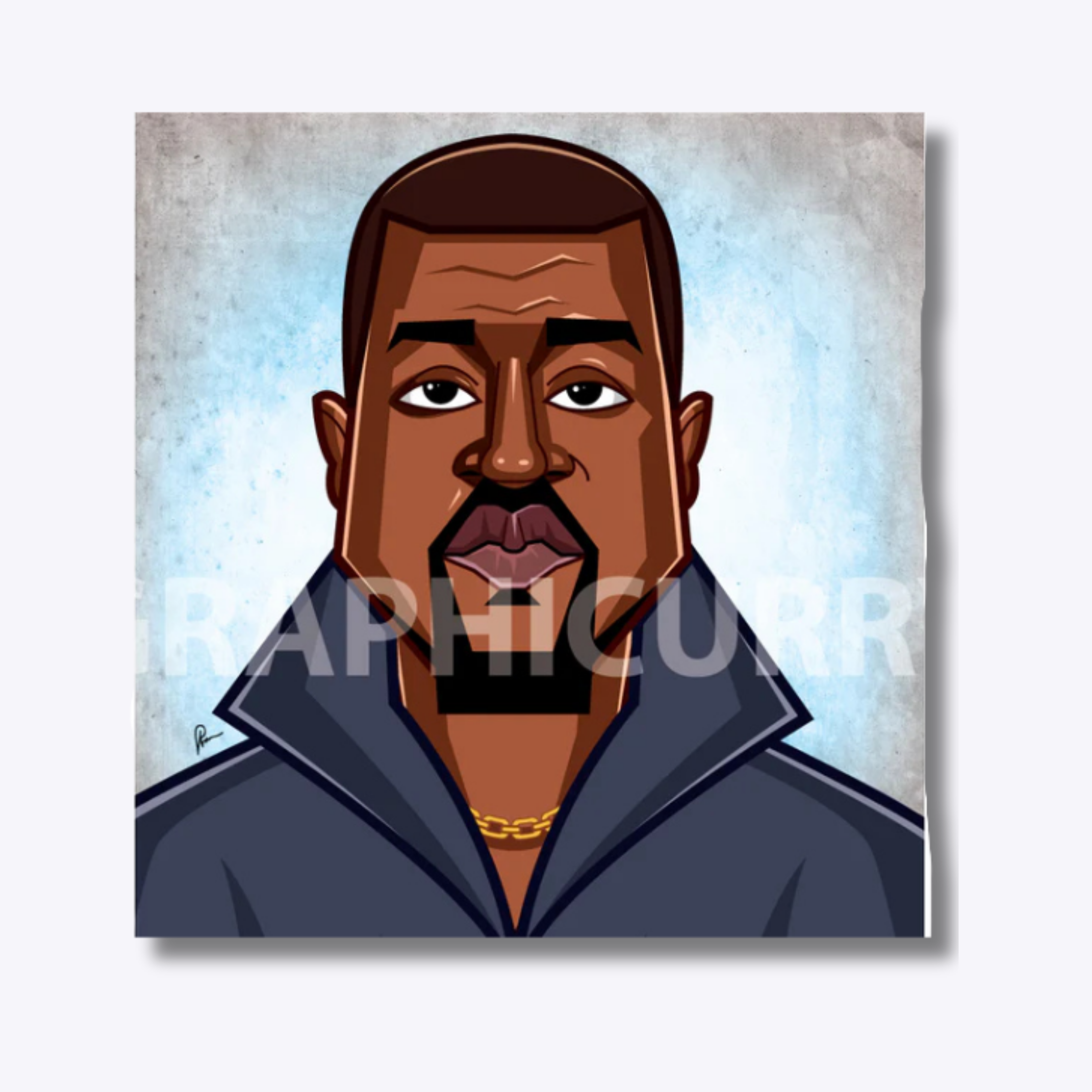 Kanye West caricature showcasing the influential rapper, producer, and designer in a stylish digital illustration reflecting his larger-than-life persona.