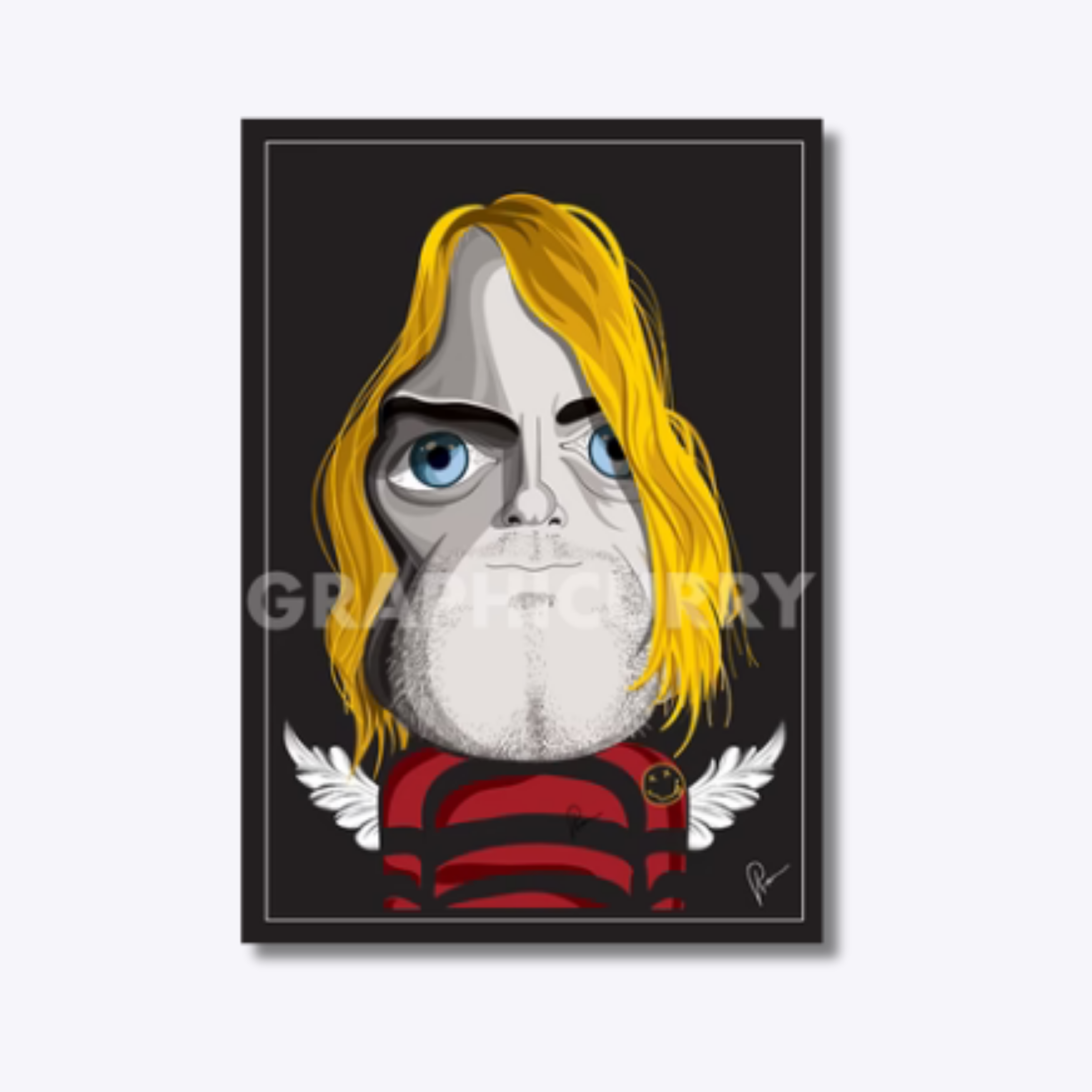 Kurt Cobain artwork featuring a moody digital illustration of the Nirvana frontman, capturing his raw emotion, musical genius, and influence on the grunge movement.