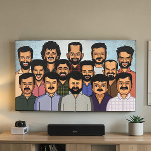 Malayalam cinema legends wall art featuring iconic Mollywood actors in vibrant pop art caricature style