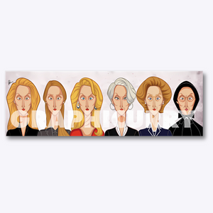 Portrait of Meryl Streep featuring a tribute to her most iconic roles — from The Devil Wears Prada and Sophie’s Choice to Mamma Mia! — capturing her unmatched versatility and powerful screen presence.