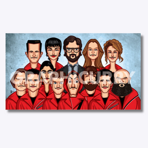 Artwork inspired by Money Heist, featuring characters like The Professor, Tokyo, Berlin, and Nairobi in their red jumpsuits and Salvador Dalí masks, symbolizing rebellion and unity
