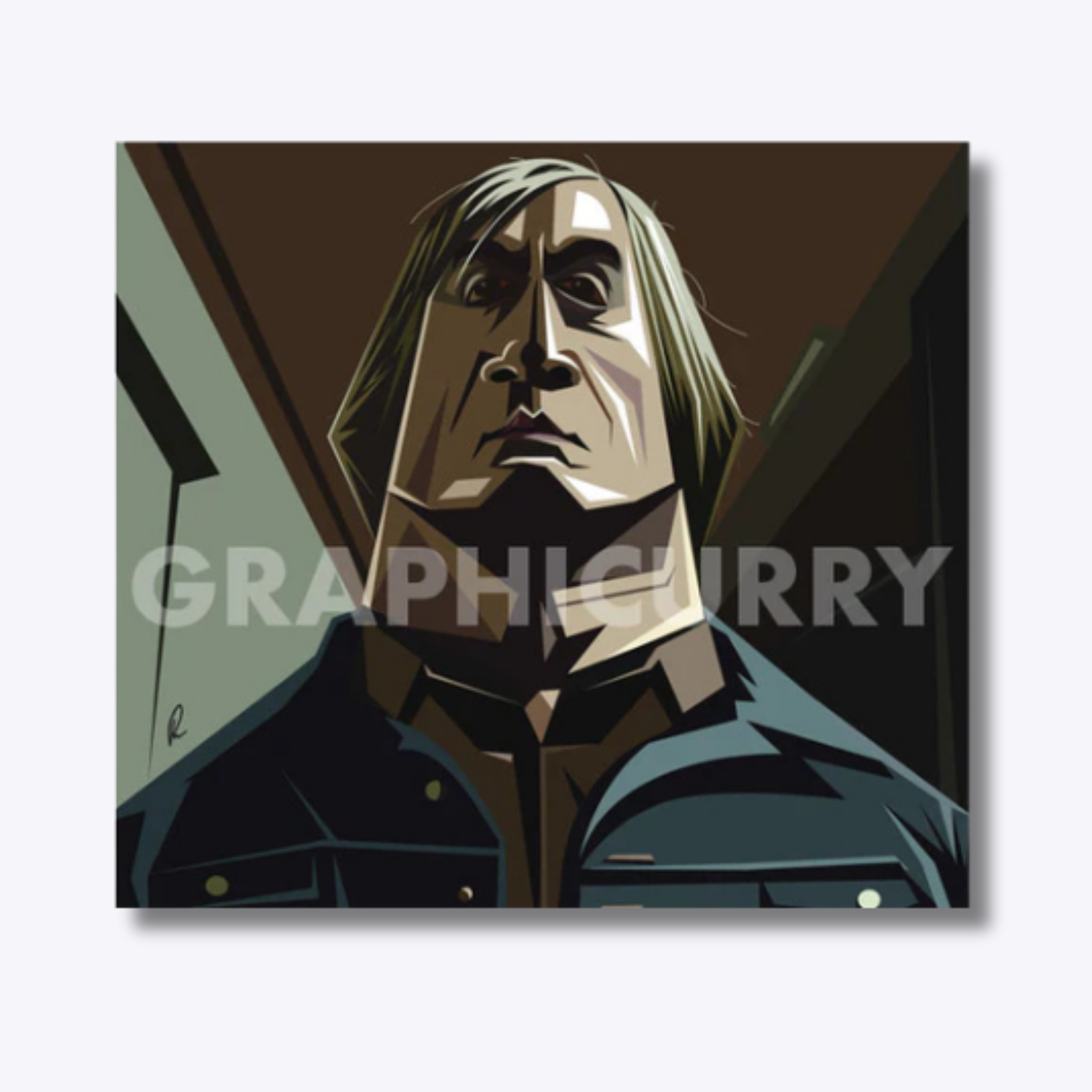 No Country for Old Men caricature featuring Anton Chigurh in a stylized digital illustration, capturing the eerie and menacing presence of Javier Bardem’s iconic character.
