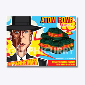 A playful caricature inspired by Oppenheimer and the atomic bomb, featuring a dramatic explosion and a quirky, stylized character in a bold digital illustration