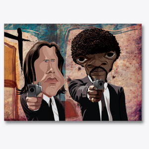Artwork featuring Jules Winnfield and Vincent Vega from Pulp Fiction, capturing the iconic duo in their black suits and ties, exuding cool confidence and Quentin Tarantino’s unmistakable cinematic style.