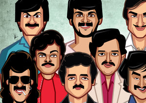 South Indian cinema icons mugshot style art by Graphicurry