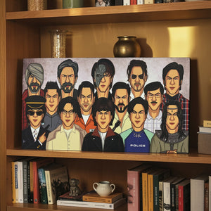 SRK evolution wall art tribute showing multiple iconic avatars in caricature style
