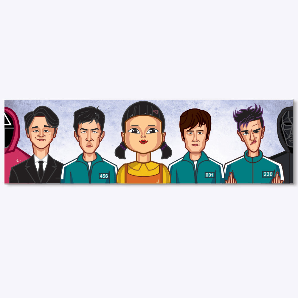 Squid Game caricature featuring Seong Gi-hun, Kang Sae-byeok, Cho Sang-woo, and the Front Man in a humorous digital illustration