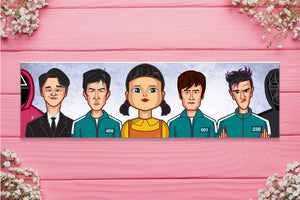 Squid Game cartoon illustration featuring iconic characters from the Netflix series