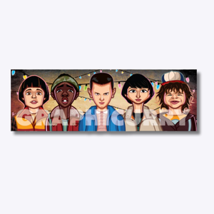 Illustration of the main kids from Stranger Things — Eleven, Mike, Dustin, Lucas, and Will — capturing their adventurous spirit, friendship, and 80s nostalgia in the world of Hawkins.