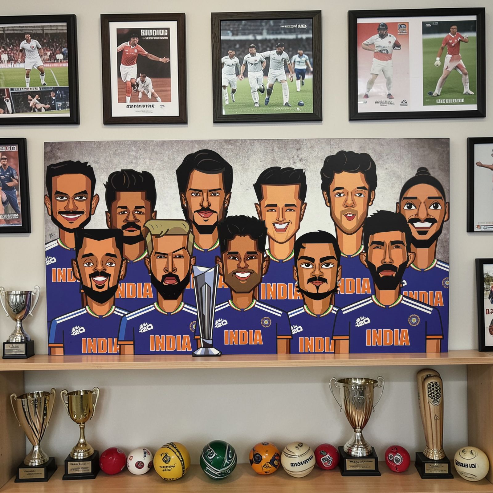 Team India 2026 T20 champions wall art with World Cup trophy illustration