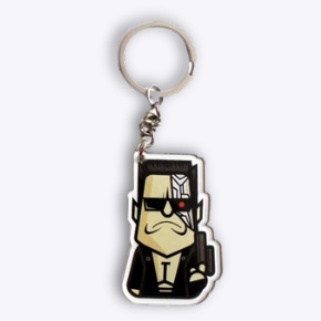 Terminator keychain featuring a bold caricature of the iconic cyborg, inspired by Arnold Schwarzenegger’s legendary role in the sci-fi classic.