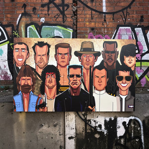 retro action movie heroes wall art caricature poster