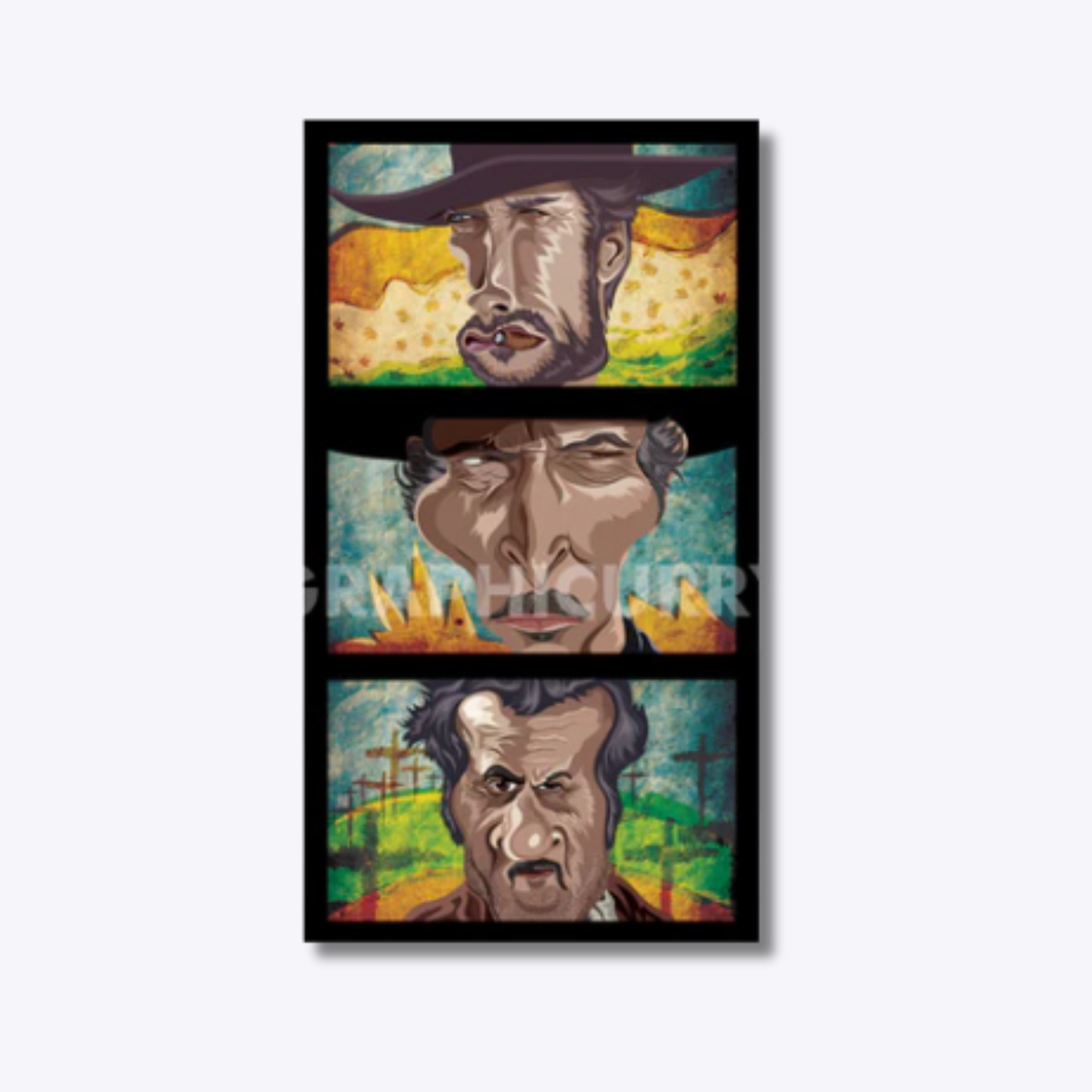 Caricature featuring Clint Eastwood, Lee Van Cleef, and Eli Wallach from The Good, The Bad, and The Ugly in a dynamic and rugged digital illustration inspired by the legendary Western film.