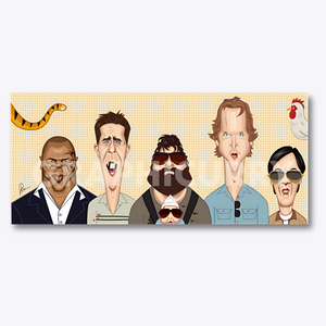 A hilarious parody artwork inspired by The Hangover, featuring Tiger Woods, Leslie Chow, Alan with his signature look, Phil (Bradley Cooper), and Stu missing his tooth—bringing together chaos, comedy, and absurdity in one frame.