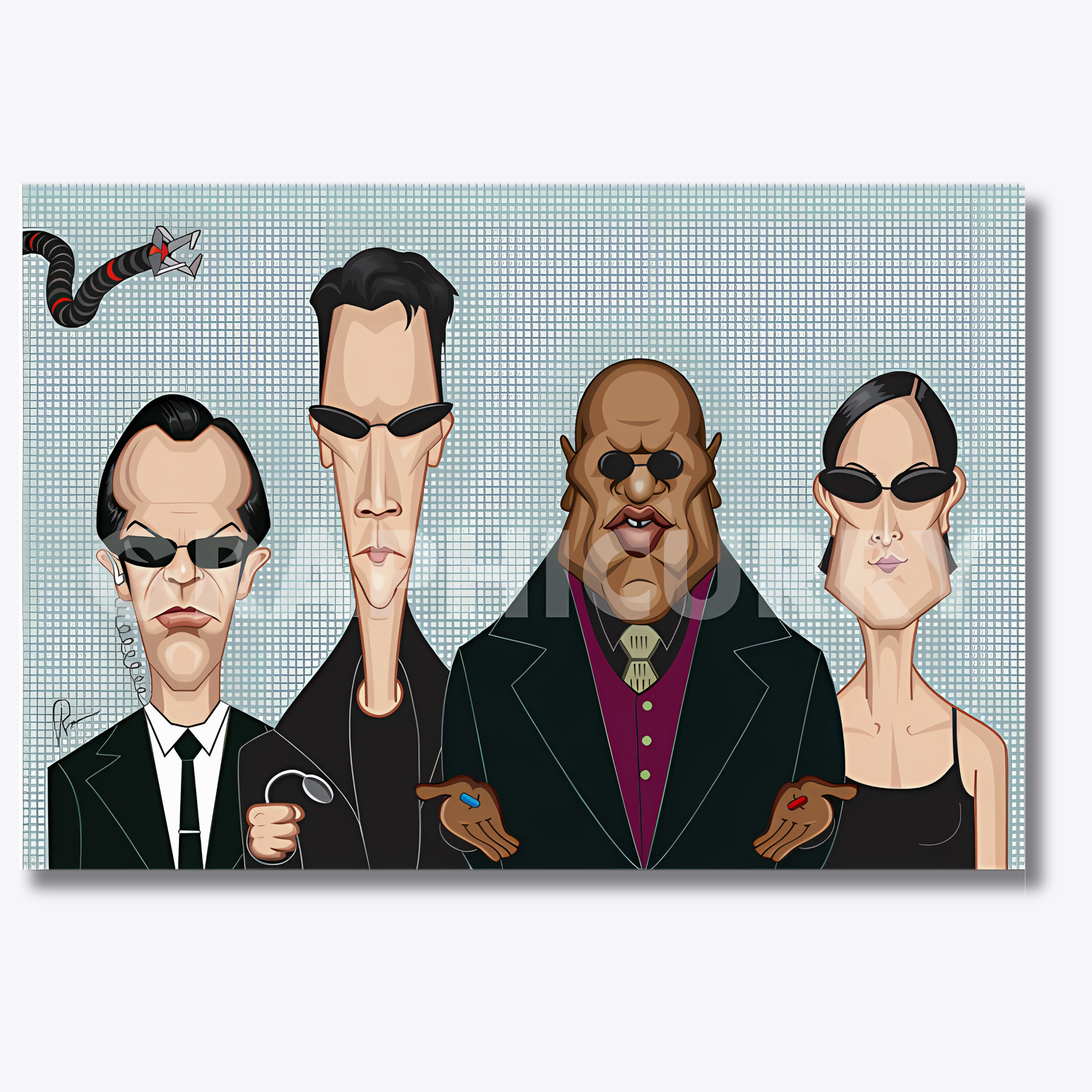 Artwork inspired by The Matrix, featuring Neo in his signature black coat and sunglasses, alongside iconic elements like the red and blue pills, symbolizing the blurred line between reality and illusion.