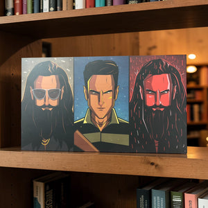 Bold triptych character wall decor with dramatic red center portrait and geometric comic book style illustration for gaming room