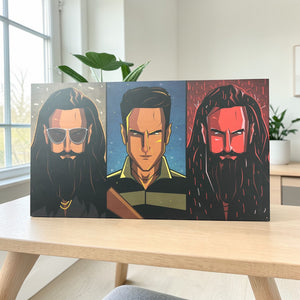 Modern three panel character poster showcasing calm focused and unleashed expressions in sharp comic inspired vector design wall art