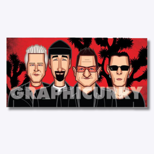 Artwork featuring U2, spotlighting Bono, The Edge, Adam Clayton, and Larry Mullen Jr., capturing the band’s iconic energy, anthemic sound, and legacy in global rock music.