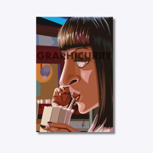 Uma Thurman as Mia Wallace in a bold digital illustration inspired by Pulp Fiction, capturing her iconic look with a retro, cinematic style.