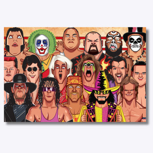 Artwork featuring iconic WWE superstars, including legends like The Rock, Stone Cold Steve Austin, The Undertaker, Triple H, Hulk Hogan and more — capturing the energy, charisma, and drama of professional wrestling’s golden moments.