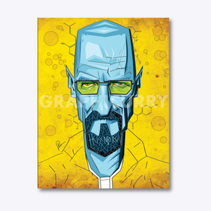 Artwork of Walter White from Breaking Bad, capturing his transformation from high school chemistry teacher to the infamous Heisenberg, with his signature hat, glasses, and a cold, calculated stare.