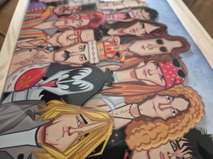 Rock legends wall art featuring iconic musicians like Freddie Mercury, Jimi Hendrix and Kurt Cobain in caricature style