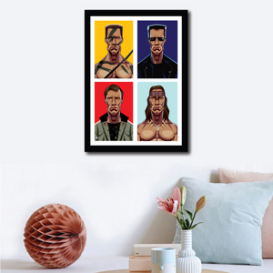 Arnold Schwarzenegger tribute poster featuring iconic movie characters