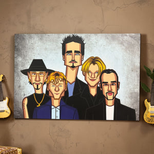 Backstreet Boys tribute wall art featuring the legendary 90s pop band in a detailed illustration by Prasad Bhat.