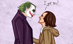 DC-inspired Joker character art print featuring Heath Ledger and Joaquin Phoenix tribute illustration