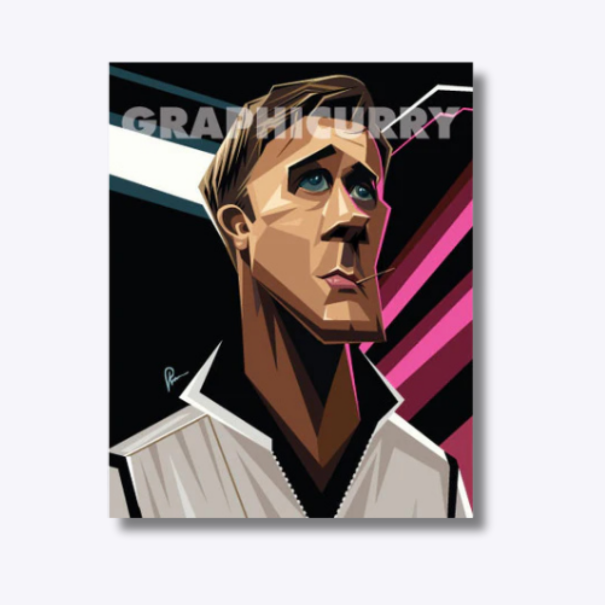 Drive Ryan Gosling wall art featuring a retro-inspired caricature by Graphicurry