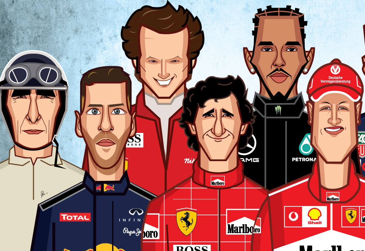 Graphicurry Formula 1 artwork showcasing legendary F1 drivers.