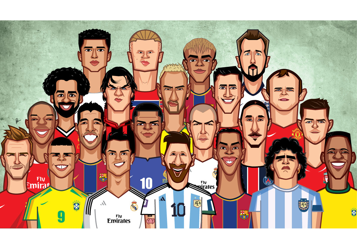 Football Legends 2026 caricature wall art by Graphicurry featuring legendary football icons.