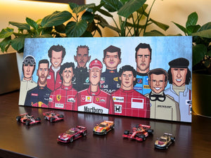 Graphicurry Formula 1 artwork showcasing legendary F1 drivers.