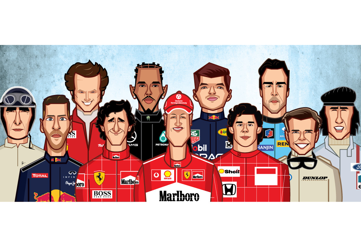 Formula 1 Legends caricature wall art featuring iconic F1 champions.