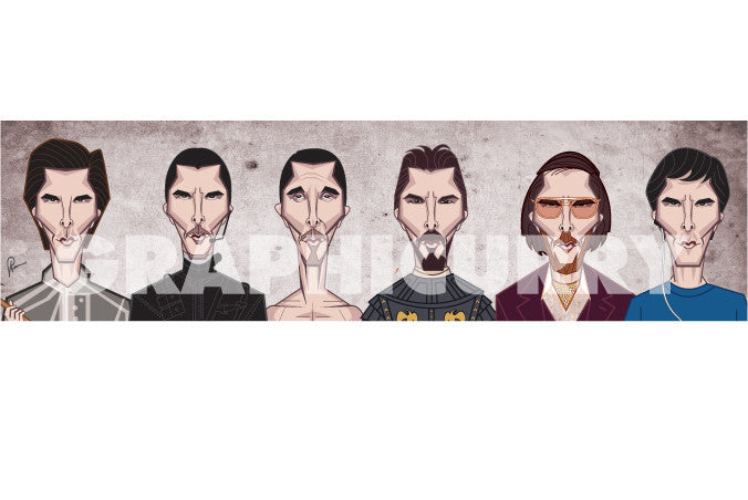 Christian Bale tribute artwork showcasing famous characters from his acclaimed film career