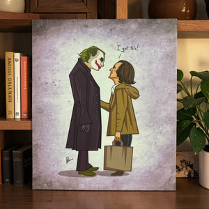 Tribute artwork showcasing Heath Ledger and Joaquin Phoenix as the iconic Joker character